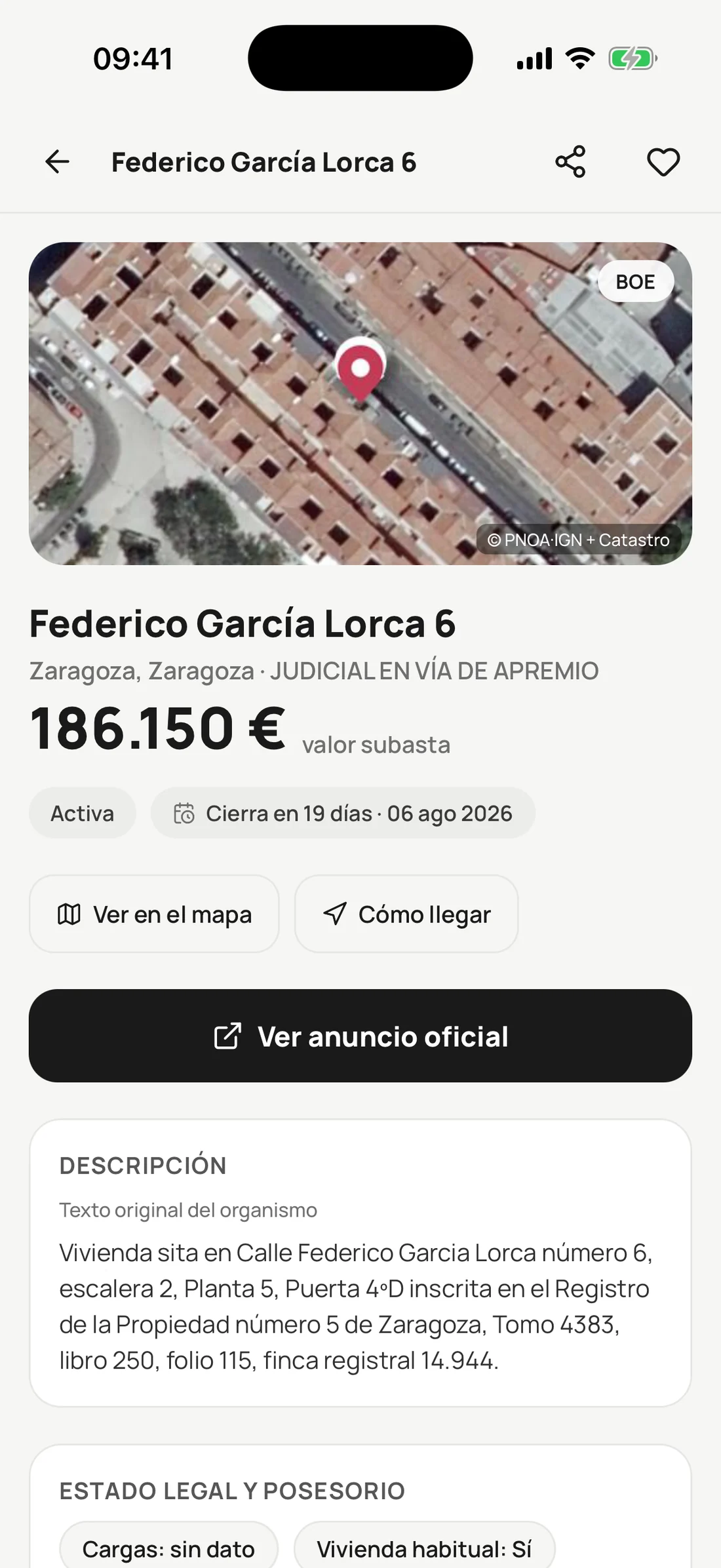 Ficha de una subasta real en Subastable: foto aérea de la parcela, precio y enlace al anuncio oficial del BOE